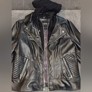 GUESS Women’s  Black Leather Jacket with detachable knit hoodie